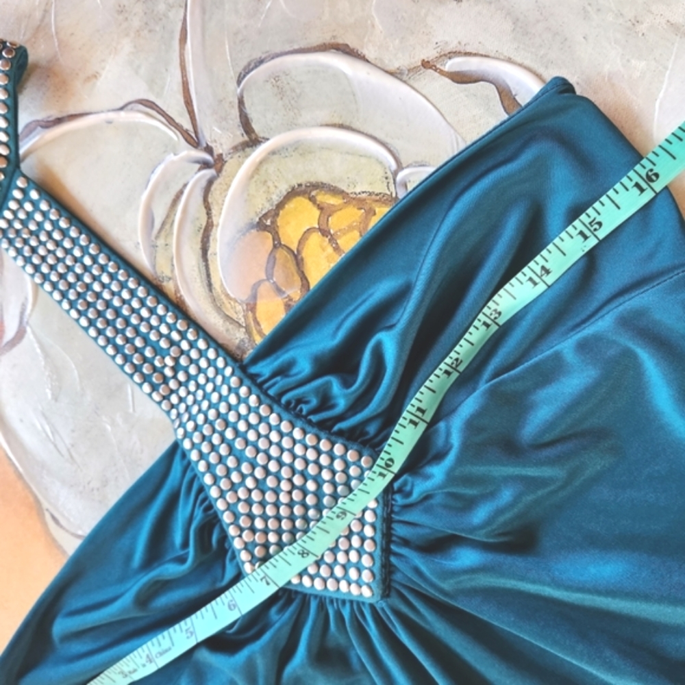 BEBE Teal Studded Silver Neck Choker Strapless Swingy Fun Slinky Mini Dress S - Picture 8 of 12